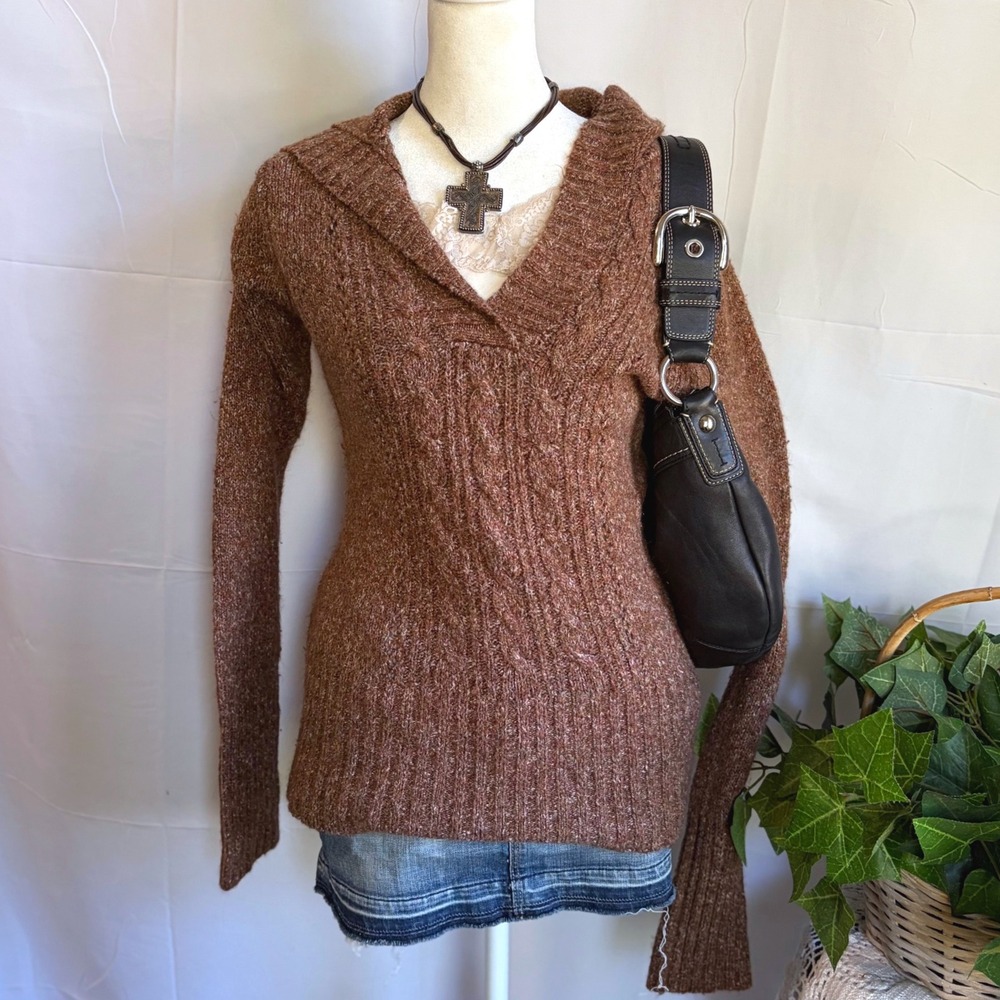 Y2K Gilmore Girls Fall Brown Marled Cable Knit Hooded V-Neck Sweater Size L